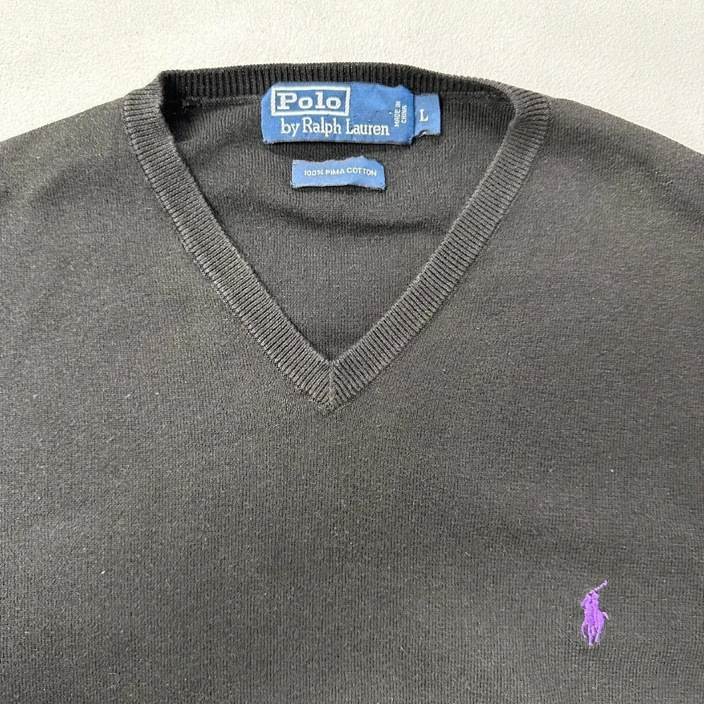 Polo Ralph Lauren Pima Cotton‎ V-Neck Sweater Purple Logo Black L